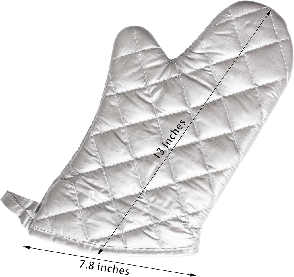 Silver Oven Mitts,Quilted Cotton Lining 13 Inch Oven Gloves,Heat Resistant for Kitchen Cooking,Grilling,Backing,Set of 2