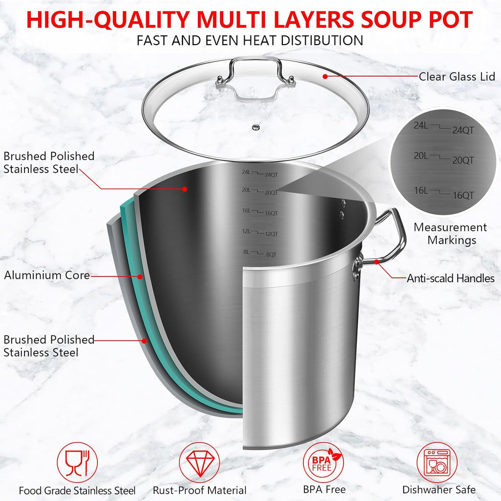 24 Quart Stainless Steel Stock Pot with Glass Lid – Heavy Duty Cooking Pot for Soup, Stew, Pasta – Induction Compatible, Dishwasher Safe – Ideal for Home & Commercial Use