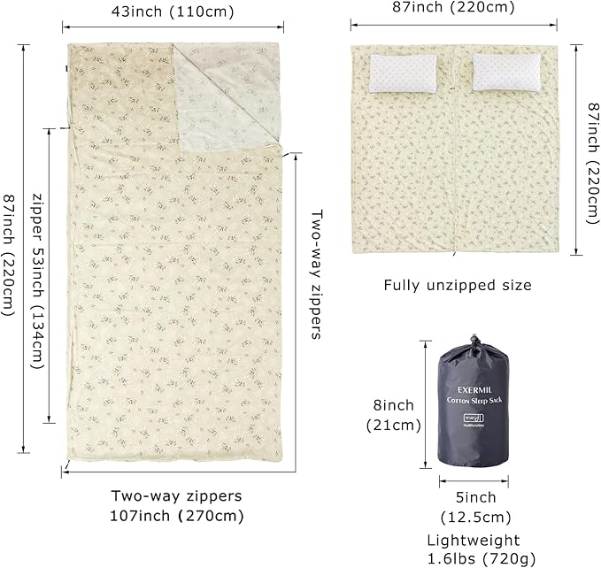 100% Cotton Sleeping Bag Liner with Full Length Zipper on 3 Sides; Single/Double Adult Sleep Sack for Travel & Camping, Multifunctional Travel Sheets (Unzipped 87”x87”) for Hotel, Lightweight