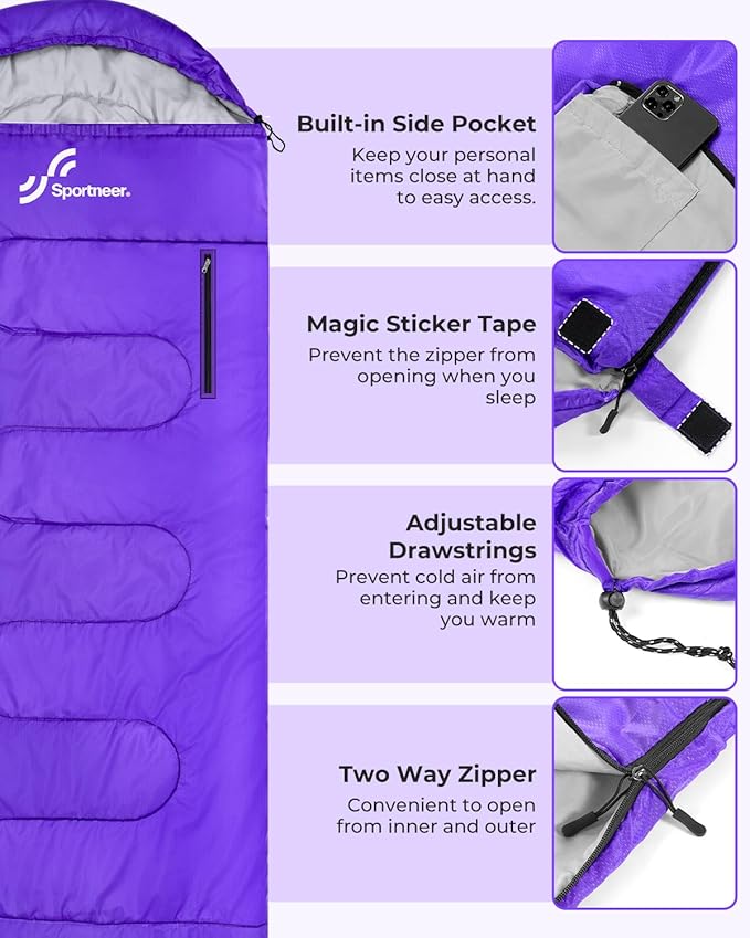 Sportneer Sleeping Bag - Wearable for Adults & Kids with Arm Zipper Holes in Cold & Warm Weather, Waterproof Portable Sleeping Bag for Camping, Hiking, Backpacking, Outdoor Travel