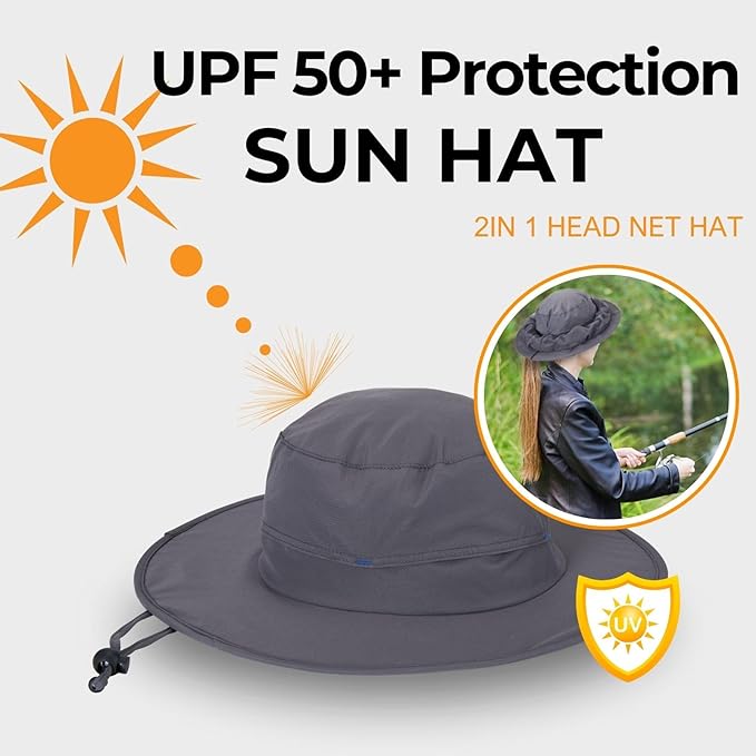 Flammi Mosquito Net Hat Safari Hat UPF 50+ Sun Protection Boonie Hats for Men with Neck Flap Fishing Hiking Hat for Men/Women