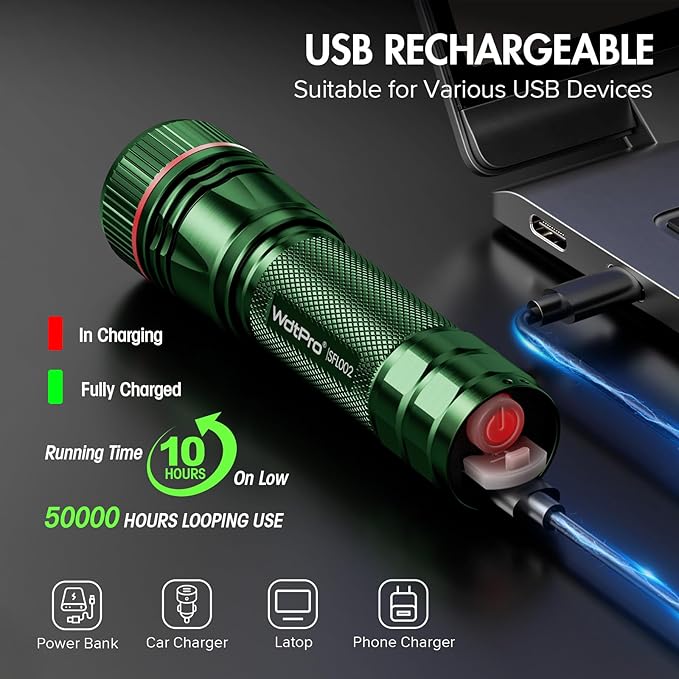 WdtPro Rechargeable Flashlights High Lumens, 1 Pack Super Bright LED Small Tactical EDC Flashlight with 10H Runtime, Portable Flash light for Camping, Home, Emergency Essentials Green Battery Included
