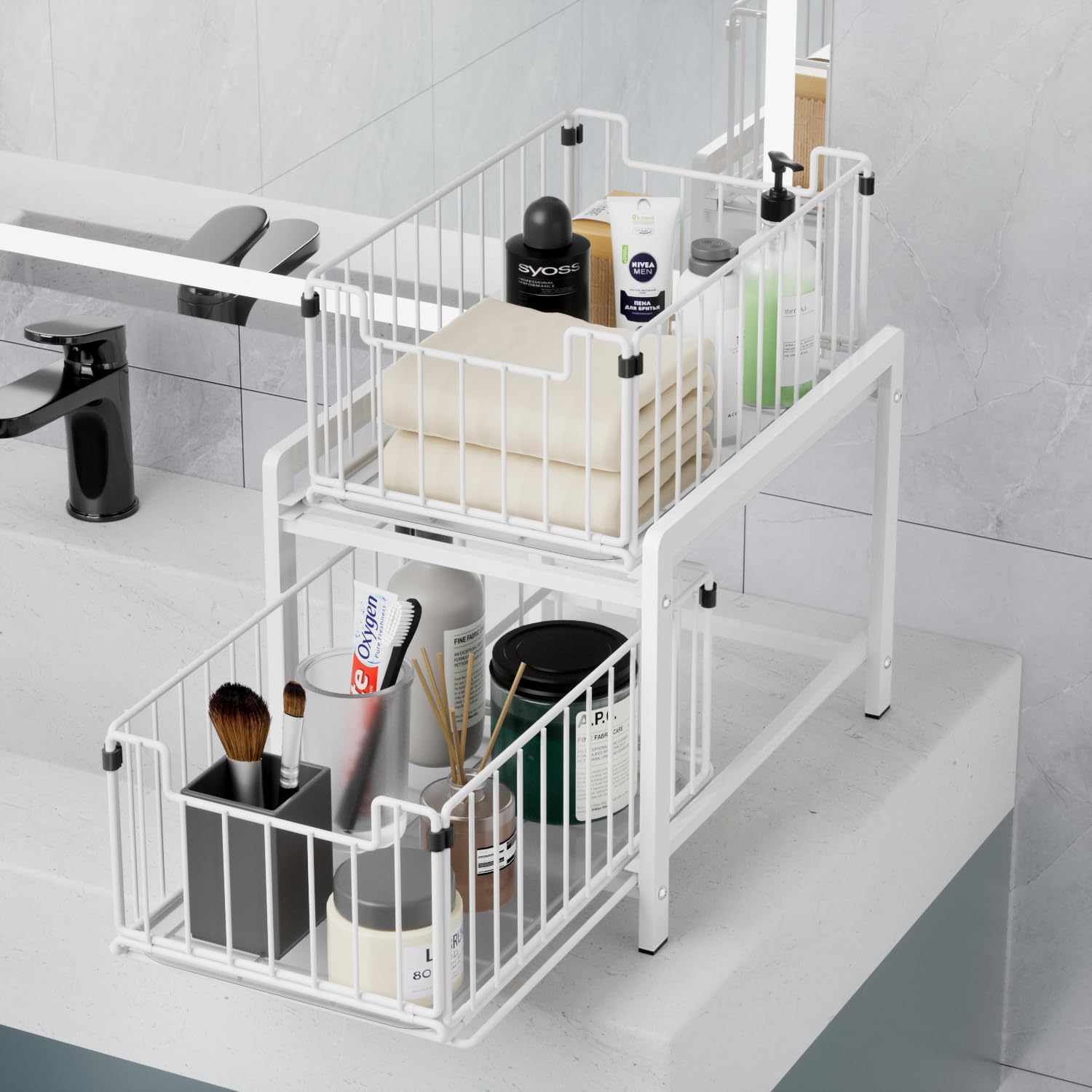 2 Tier Sliding Basket Drawer Organizer, Pull Out Under Sink Cabinets Organizers, Metal Home Shelf for Bathroom or Kitchen, Sliding Countertop or Pantry Storage Shelf, Large White