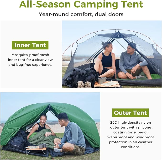 ATEPA Ultralight Backpacking Tent, 2 Person 1 Person Nylon Lightweight 4000MM+ Waterproof Windproof Portable Tent with Aluminum Frame & Rainfly for Backpacking Hiking Camping Motorcycle, 4 Season