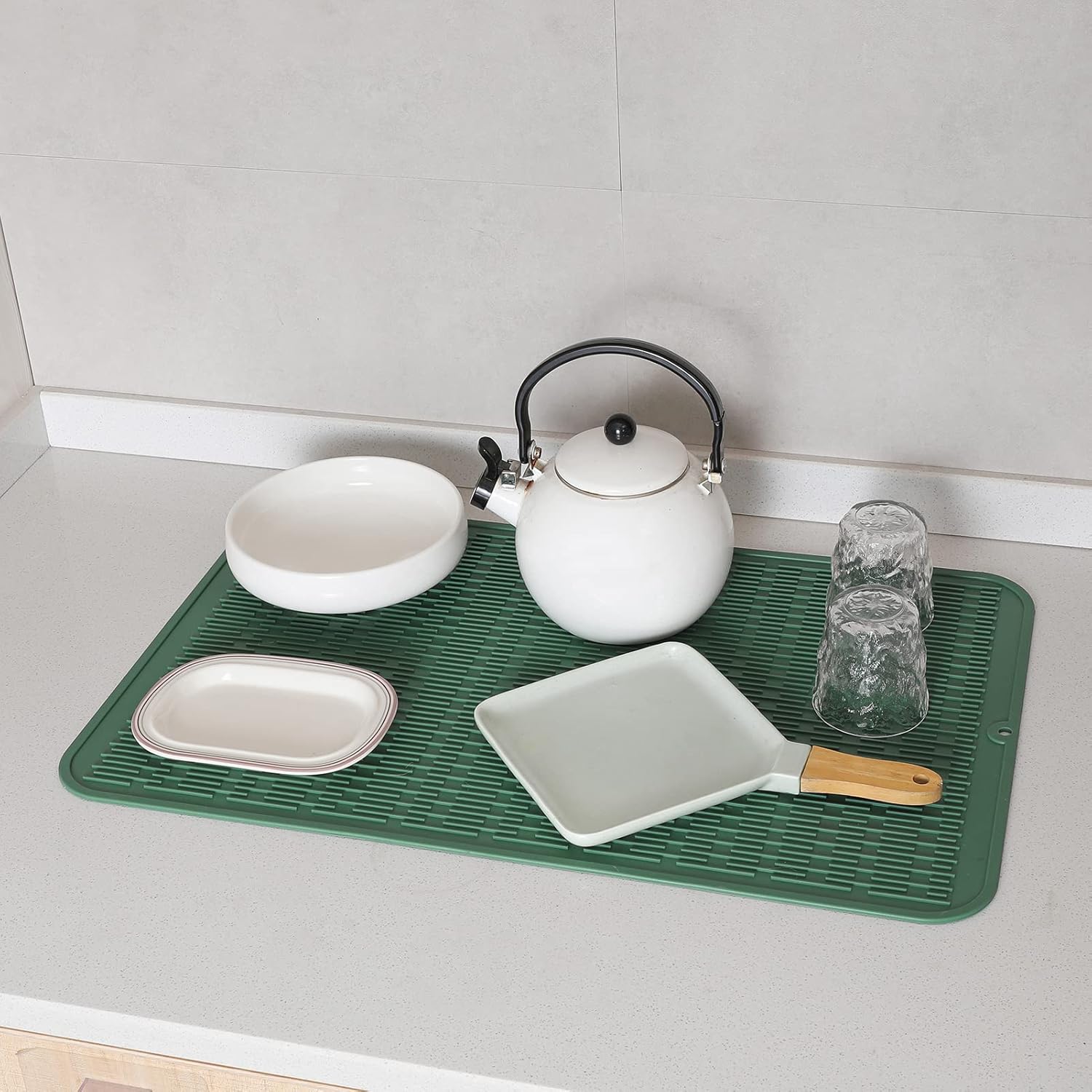 Silicone Dish Drying Mat for Multiple Usage,Easy clean,Eco-friendly,Heat-resistant Silicone Mat for Kitchen Counter or Sink,Refrigerator or Drawer Liner Green 3XL 28 inches x 18 inches