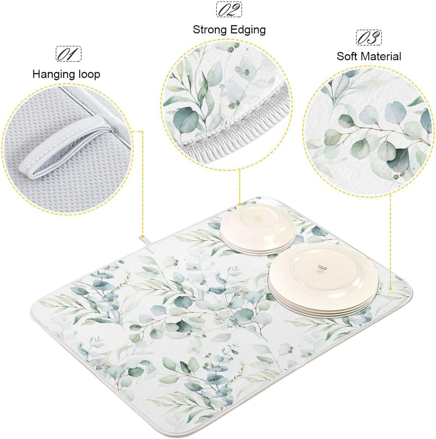 Green Sage Eucalyptus Leaves Dish Drying Mat for Kitchen Counter Absorbent Microfiber Drying Pad, Medium 16x18 in, Reversible Drainer Mats