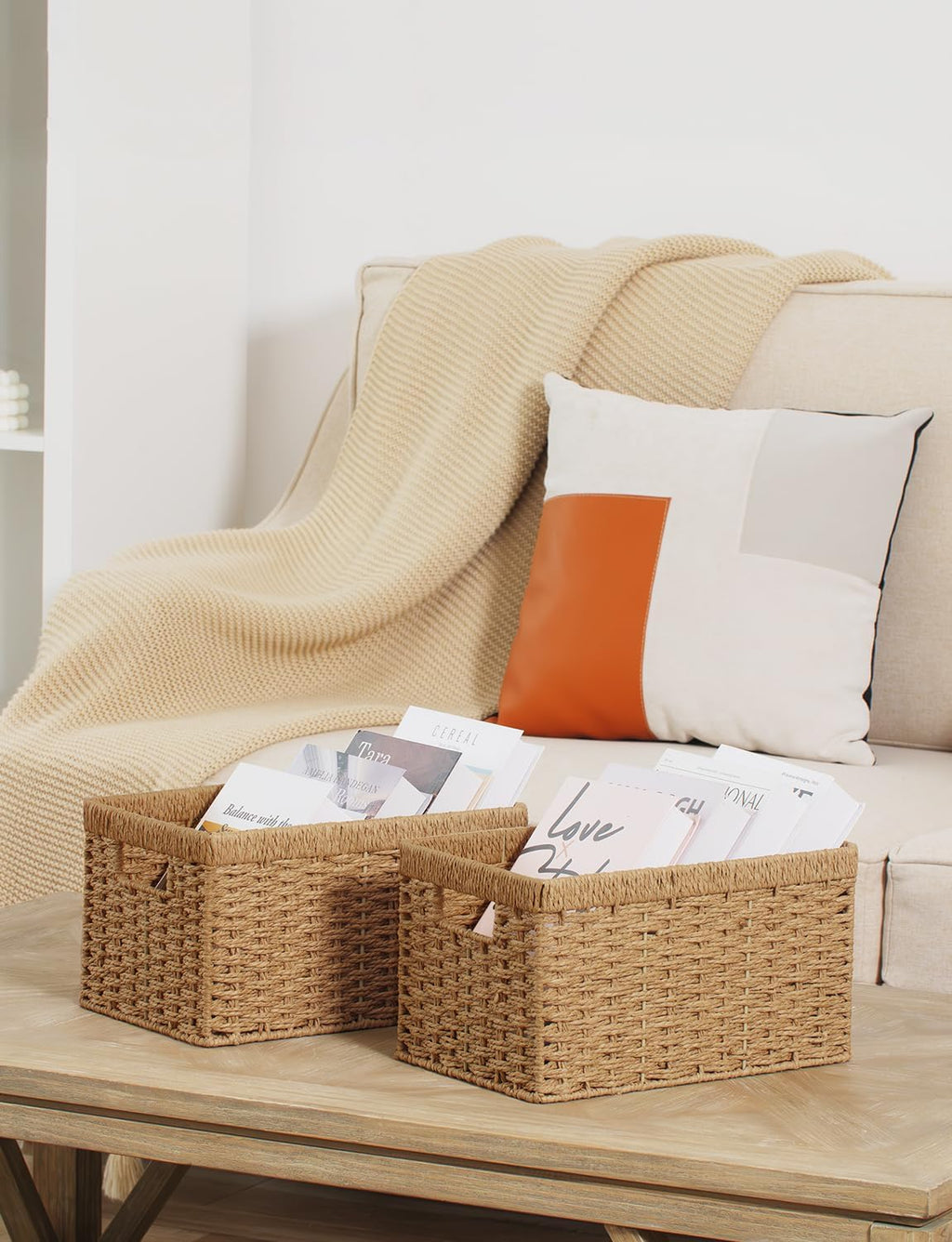 StorageWorks Round Paper Rope Storage Baskets, Rectangular Wicker Baskets with Built-in Handles, Medium, 13 ¼ x 8 ½ x 7 ¼ inches, 2-Pack