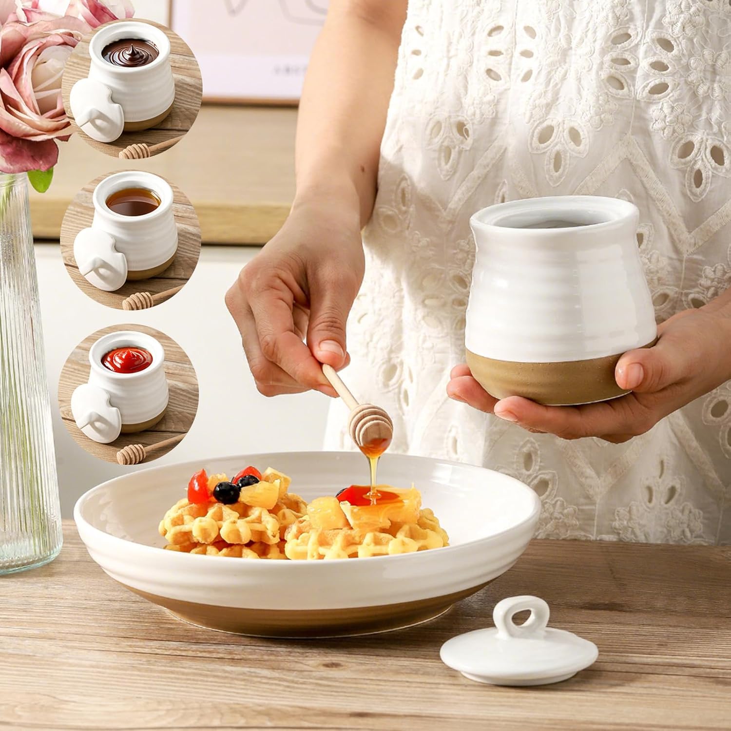 Ceramic 12 Ounce Honey Jar and Dipper Set,Porcelain Honey Pot with Lid and Wooden Dipper,Cute Honey Containers for Party,Holiday,Halloween Favors,Farmhouse Kitchen Decor,Dishwasher Safe,White