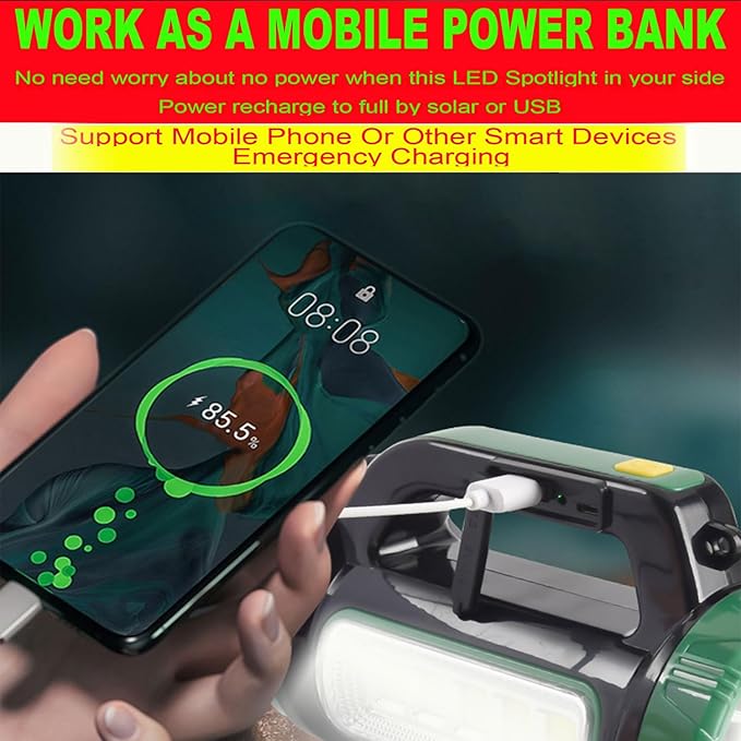 Solar LED Searchlight Spotlights, Rechargeable Super Bright 10000LM Handheld Spotlight Lantern, Multifunctional LED Lamp Camping Work Light, 6 Light Modes, Power Bank, IPX4 Waterproof