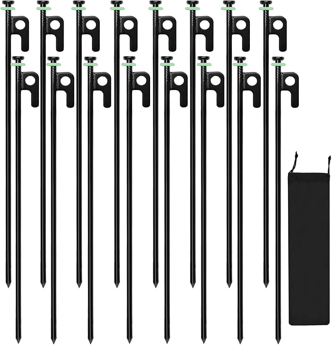 16Pcs Tent Stakes, 16in Heavy Duty Tent Stakes with Storage Pouch, Forged Steel Tent Sakes Metal, Metal Stakes for Tent Used on Grassland, Snowfield, Dessert(16Pcs, 16in, Diameter 1/4")