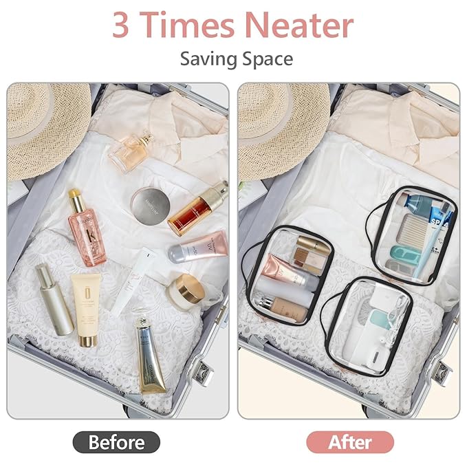 PACKISM Floral Texture Lace TSA Approved Toiletry Bag - 180° Large Opening Clear Makeup Bags in 2 Size, Clear Cosmetic Bags with Handle, 0.5 mm Thick Non-deformable No Smell, Black