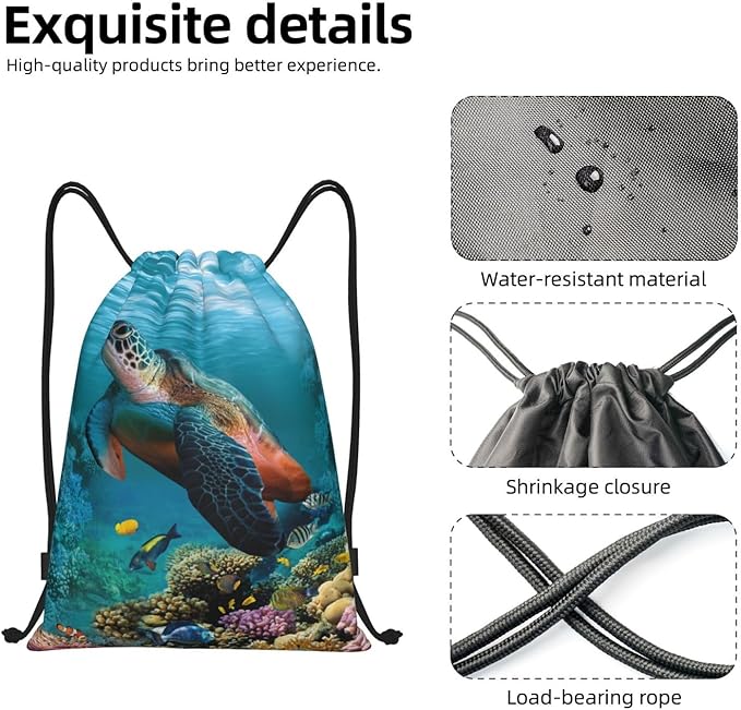 Sea Turtle Drawstring Bags Turquoise Drawstring Backpack Cute Fish Sackpack Draw String Cinch Bags for Sports, Gym, Travel, Swimming, Beach, Camping