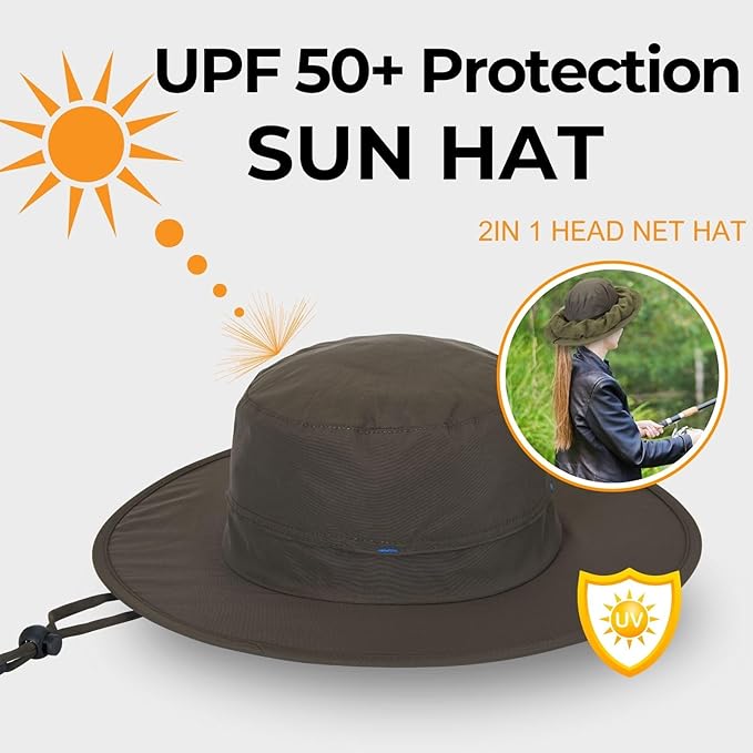 Flammi Mosquito Net Hat Safari Hat UPF 50+ Sun Protection Boonie Hats for Men with Neck Flap Fishing Hiking Hat for Men/Women
