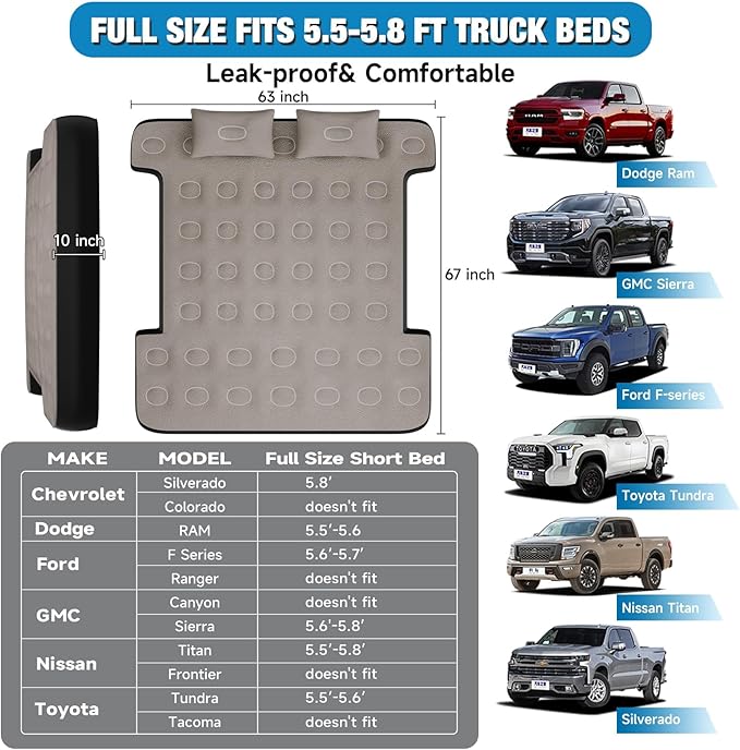 Truck Bed Mattress 5.5-5.8ft: Inflatable Full Size Truck Bed Air Mattress with Wireless Rechargeable Pump, Pickup Mattress with Carry Bag (Khaki)
