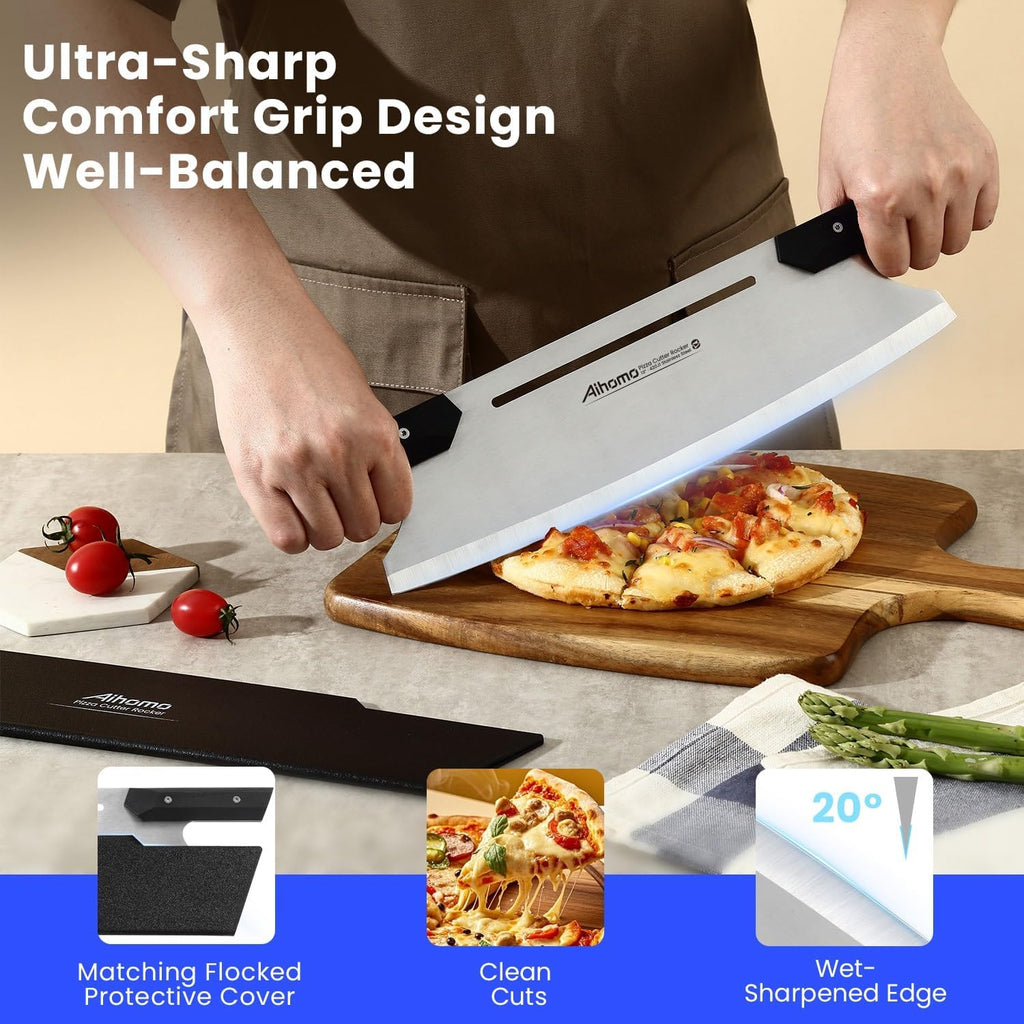 16 Inch Pizza Cutter Rocker Blade, Sharp Pizza Rocker Knife 420J1 Japanese Stainless Steel, Dishwasher Safe Pizza Cutter Slicer with Protective Cover, Multipurpose for Pizza, Cheese, Cake