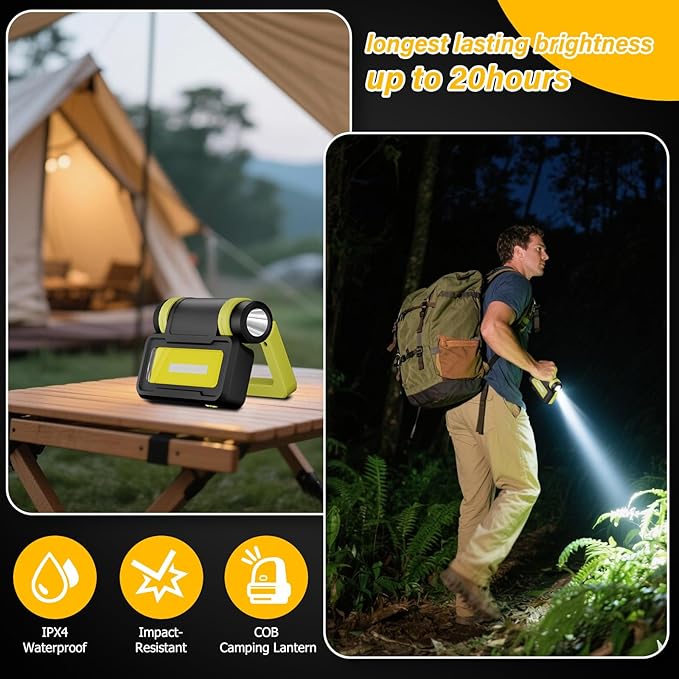 LED Work Light, Flashlight with COB Camping Lantern, 1000LM Magnetic Flashlight, 200°Foldable, 5+3 Modes, Rechargeable Waterproof Handheld Flashlights for Camping, Home, Car Repair, Emergency, Fishing