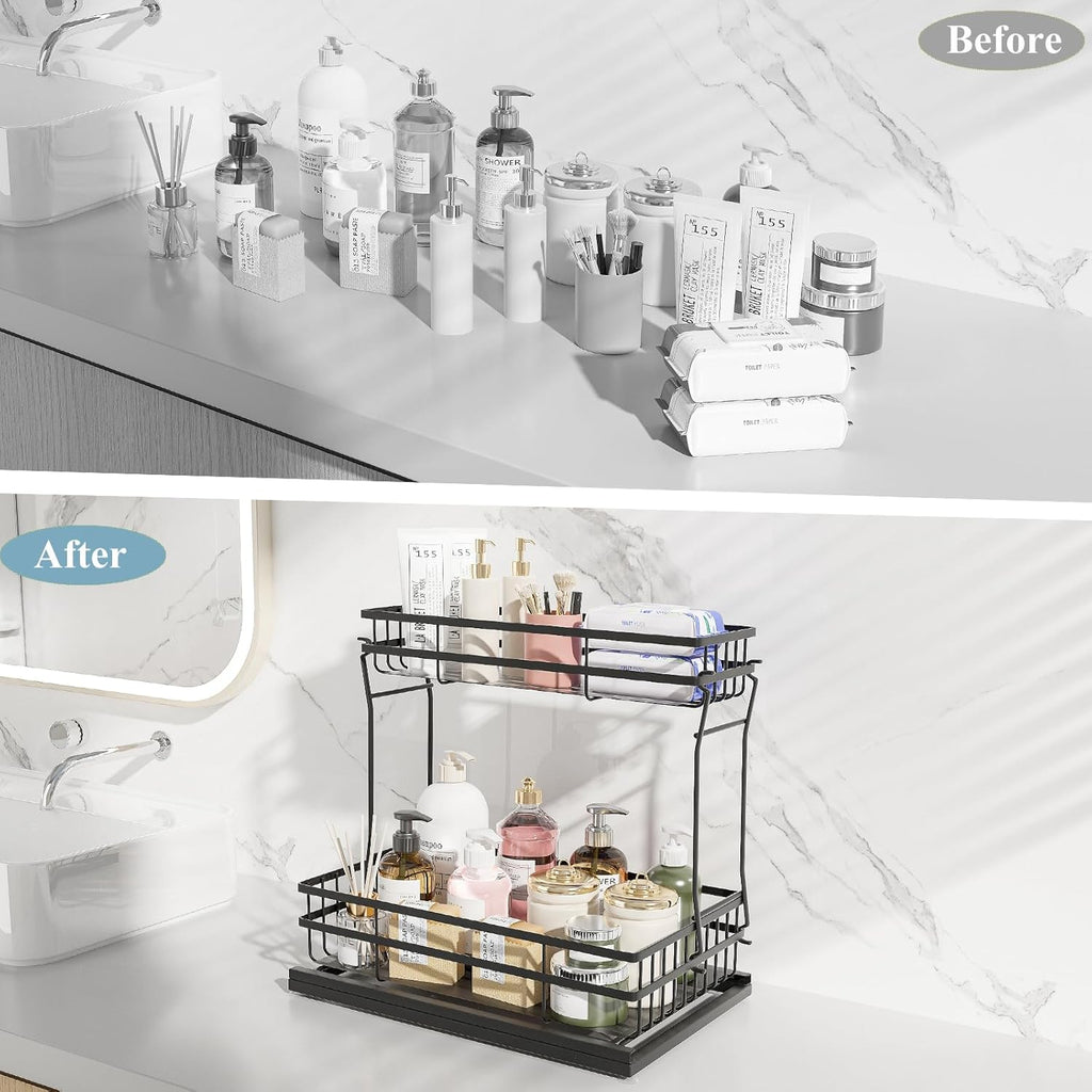 2 Pack Under Sink Organizers and Storage, 2 Tier Pull Out Cabinet Organizer, Metal Sliding Drawer Storage for Kitchen Bathroom，Black