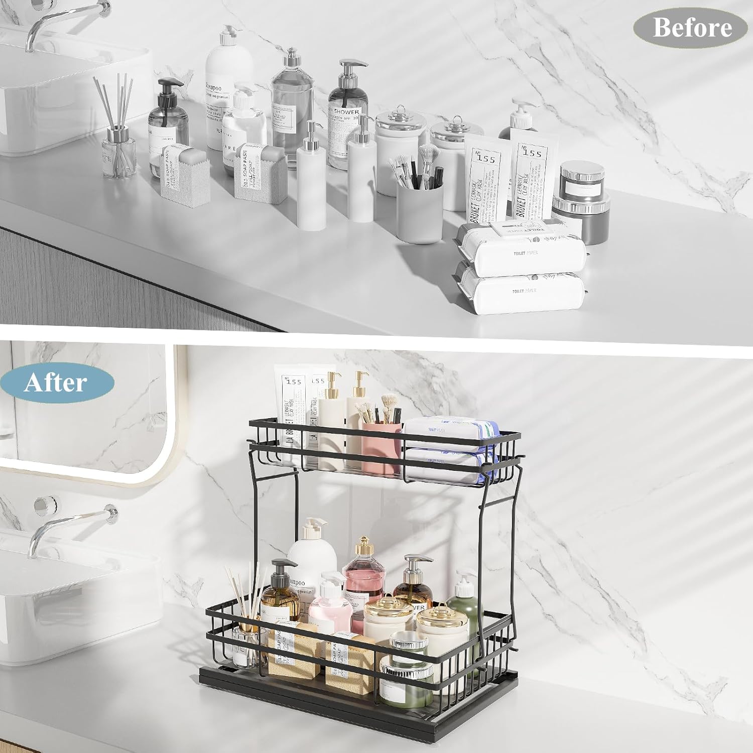 2 Pack Under Sink Organizers and Storage, 2 Tier Pull Out Cabinet Organizer, Metal Sliding Drawer Storage for Kitchen Bathroom，Black