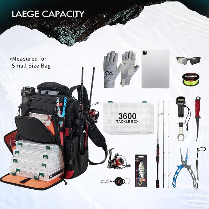 Piscifun Fishing Tackle Backpack with 4 Trays, Large Outdoor Storage Tackle Bag with Protective Rain Cover for Fishing Gear