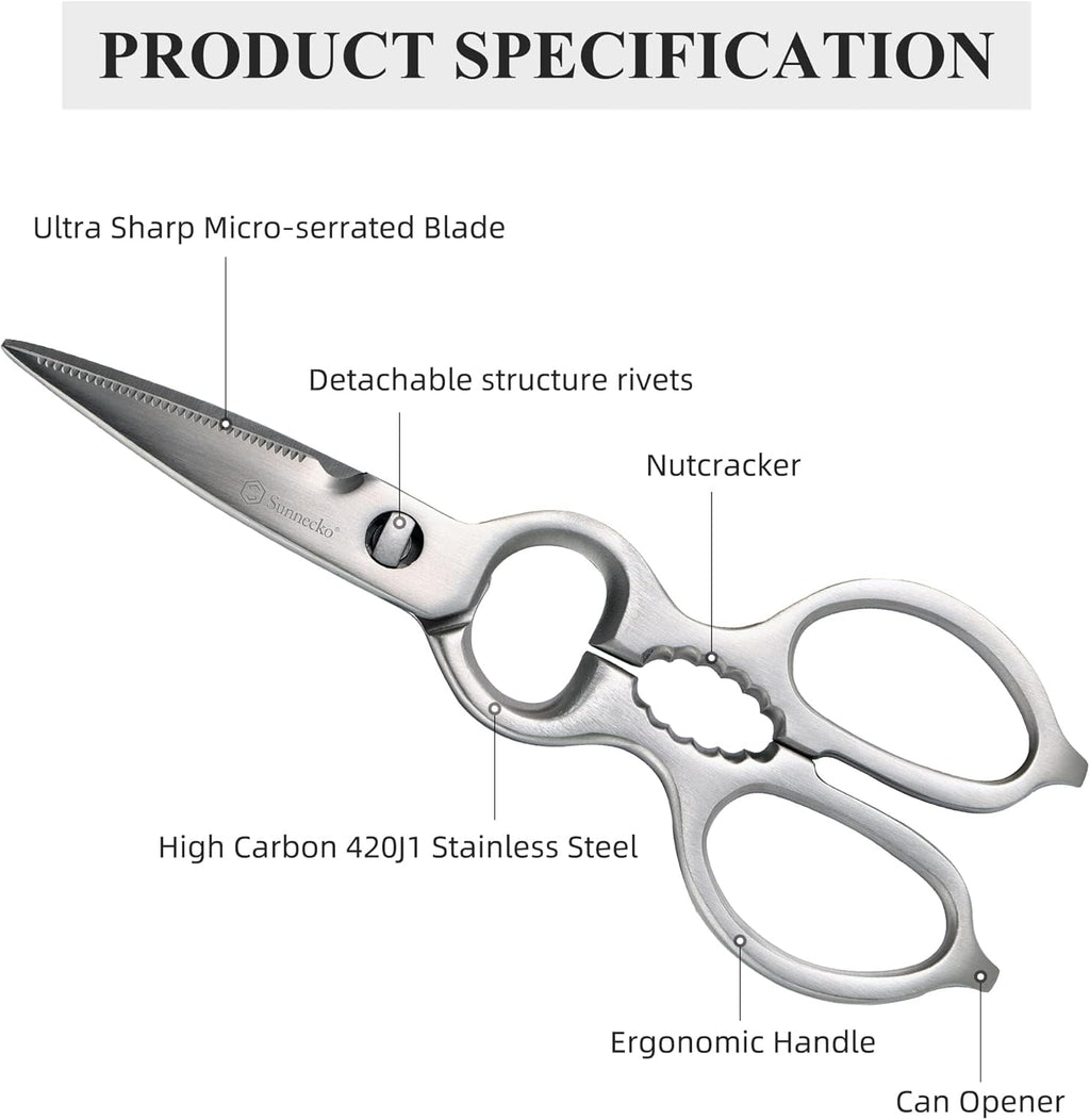 Sunnecko Heavy Duty Kitchen Scissors - Stainless Steel Kitchen Shears, Ultra Sharp Micro Serrated Poultry Shears, Cooking Scissors for Meat, Dishwasher Safe