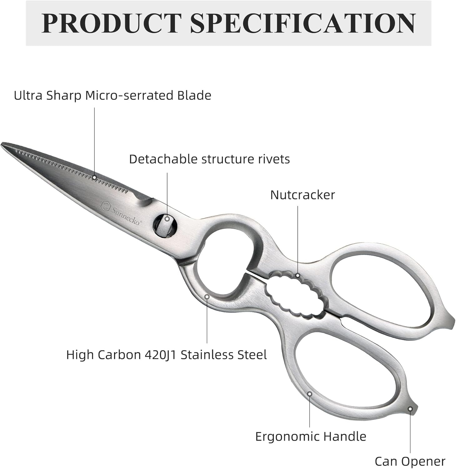 Sunnecko Heavy Duty Kitchen Scissors - Stainless Steel Kitchen Shears, Ultra Sharp Micro Serrated Poultry Shears, Cooking Scissors for Meat, Dishwasher Safe