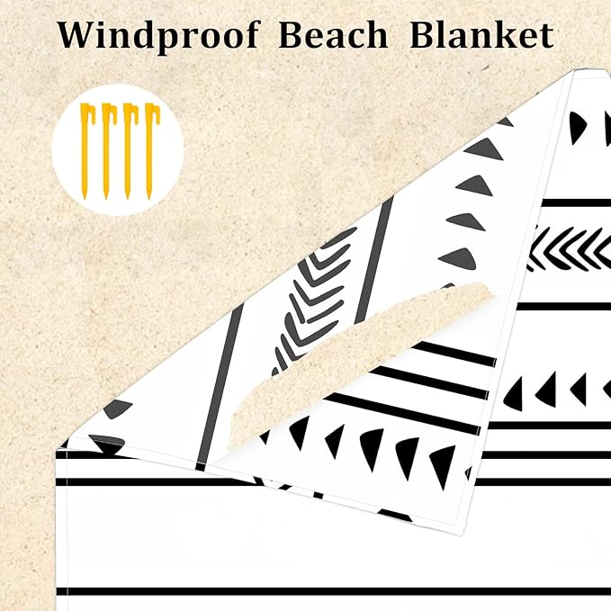 110''×118'' Extra Large Waterproof Sandproof Beach Blanket for 8 Adults, Outdoor Beach Mat with 4 Stakes & 4 Corner Pockets, Polyester Lightweight Foldable Picnic Mat for Travel, Camping, Hiking
