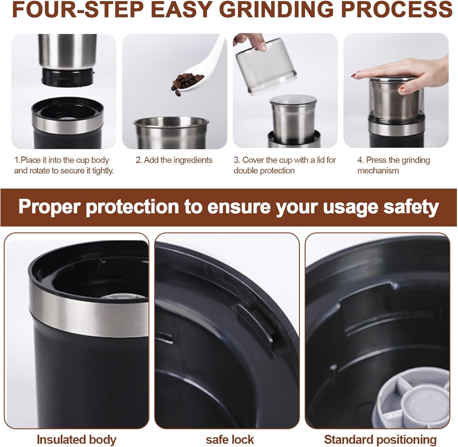 Electric Coffee Grinder, Dual Stainless Steel Bowls for Beans Spices Nuts Wet&Dry Grinding 30000RPM Overheat Protection Compact for Kitchen Herbs Spices Nuts Grains Espresso