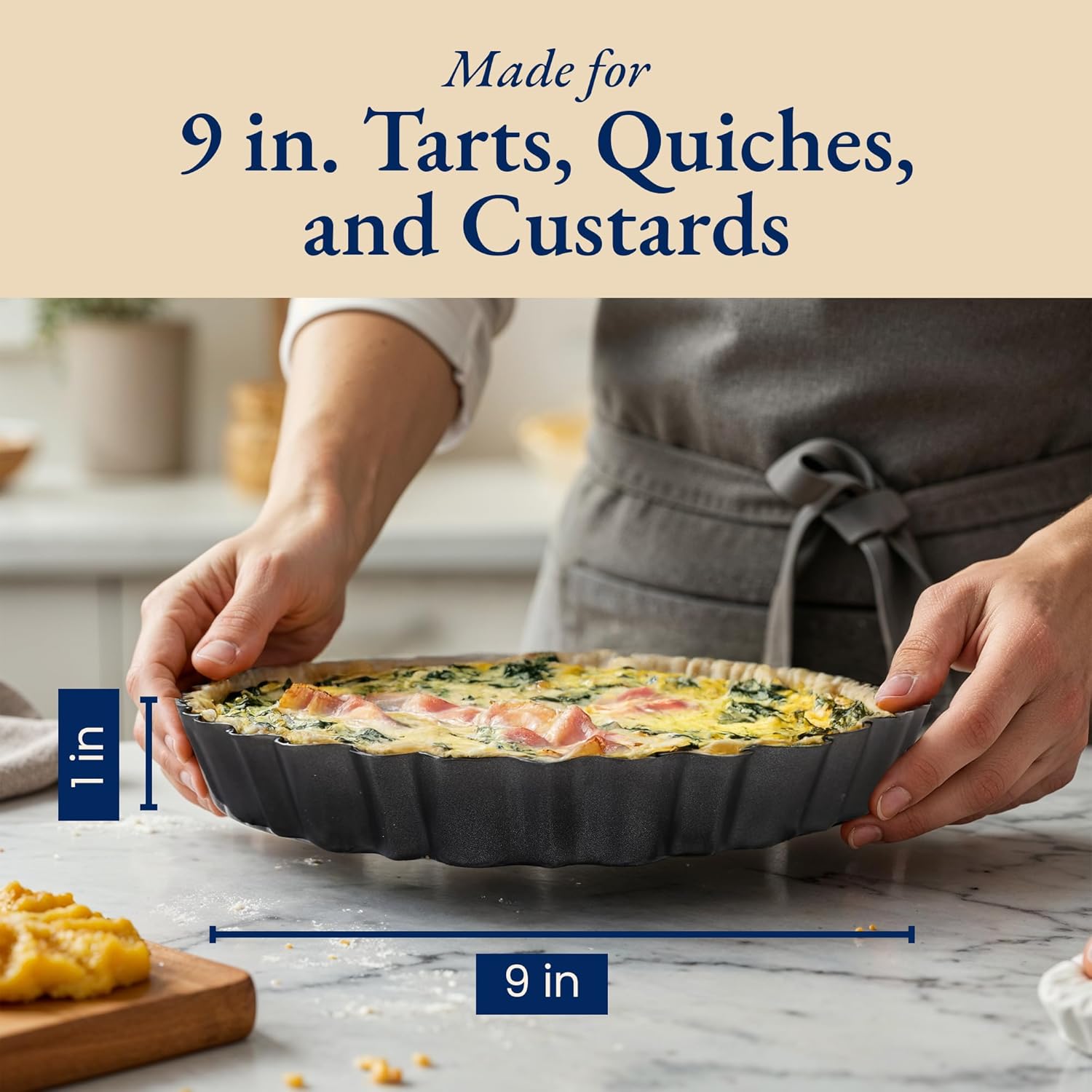 Patz&Patz Fluted Tart Pan 9 Inch Removable Bottom with Patented Silicone Crust Shaper | Nonstick Carbon Steel Quiche Baking Dish, Fruit Tart Molds for Baking, Quiche Pan & Pie Mold - PFOA & PTFE-Free