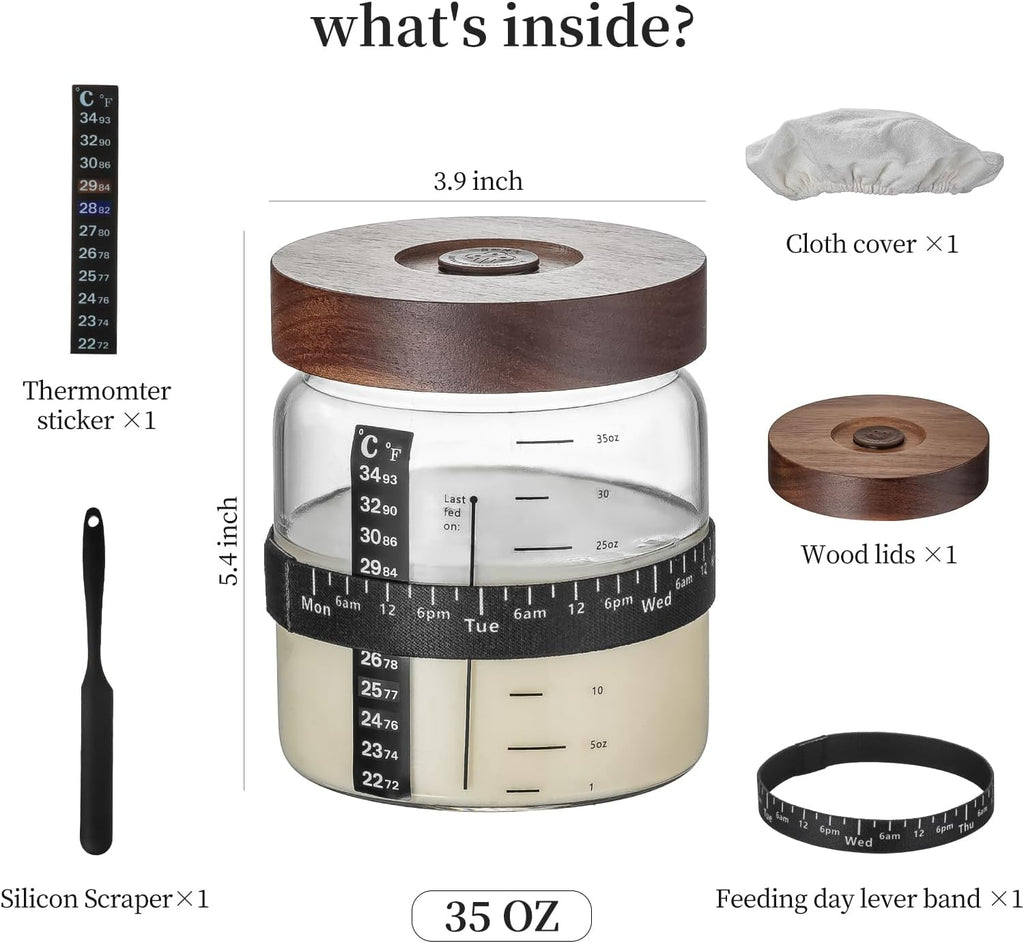 Wissy&Konny Sourdough Starter Jar，Wood Sealed Lid with Automatic Exhaust,35OZ with Ounce Scale Line,Date Marked Feeding Band, Thermometer, Sourdough Jar Scraper,Wide Mouth for Sourdough Bread Baking
