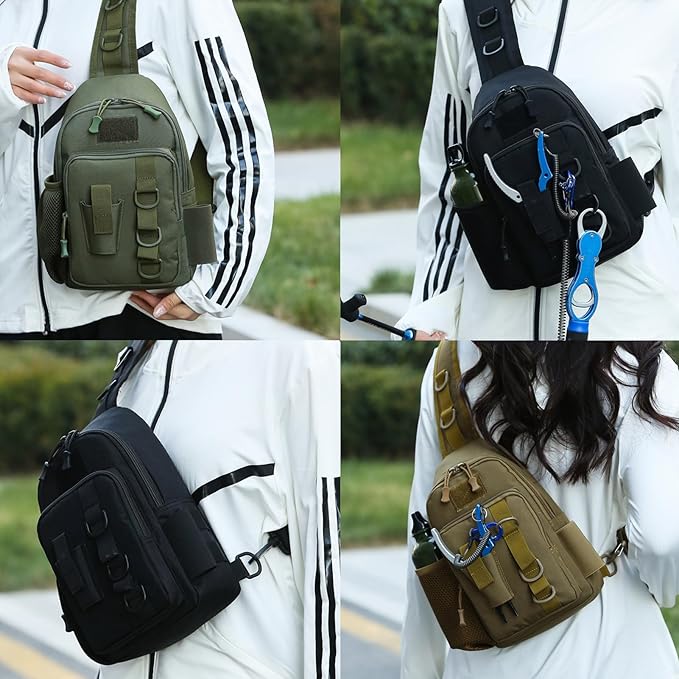 Fishing Sling Bag - Small Fishing Tackle Storage Bags with Rod Holder (Tan)