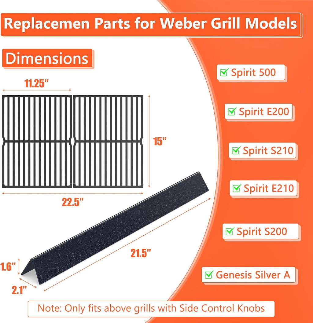 QuliMetal 7522 7535 Grill Replacements for Weber Spirit 200 & 210 Series(2009-2012 with Side Control), for Genesis Silver A, for Weber Spirit 500, 21.5" Flavorizer Bars & 15" Grill Grates