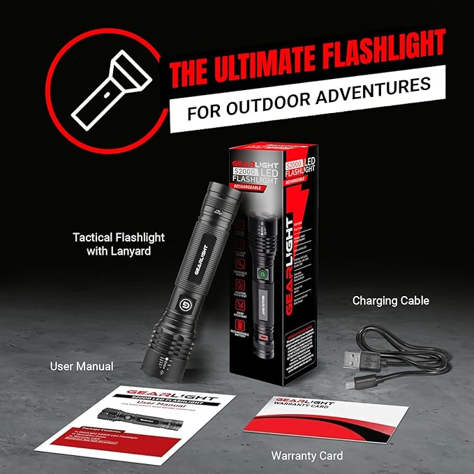 GearLight S2000 LED Rechargeable Flashlight High Lumens - Super Bright, Powerful, Mid-Size Tactical Flashlight for Outdoor Activity & Emergency Use