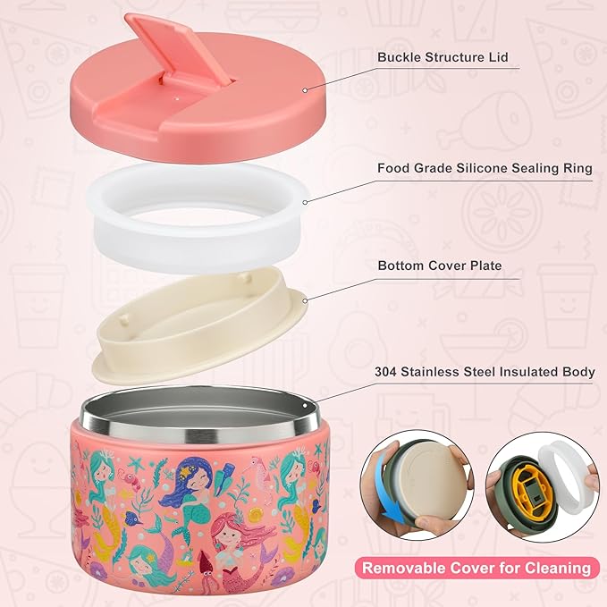 12oz Kids Soup Thermo for Hot Food Insulated Vacuum Food Jar with Buckle Lid, Stainless Steel Wide Mouth Leak Proof Lunch Container for School Travel 1 Pack