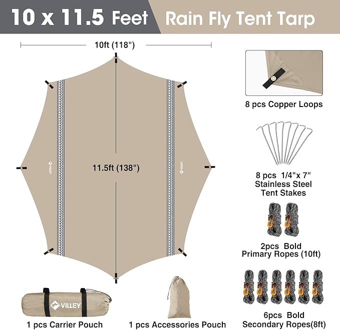 VILLEY Hammock Tent Rain Fly, Octagonal Waterproof Camping Tarp, Sun Shelter for Camping, Backpacking, Hiking, Accessory Includes Stakes, Ropes and Carry Bag (Khaki)