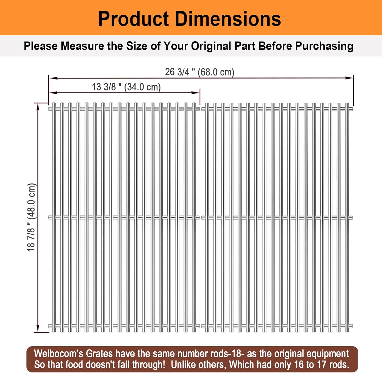 18.85" Grill Grates for Weber Genesis II 300 & GS4 Genesis II LX 300 Series Grills;Genesis II E & S 310 315 320 325 335 Grills;Weber Genesis II Grates 66095;304 Stainless Steel Grates