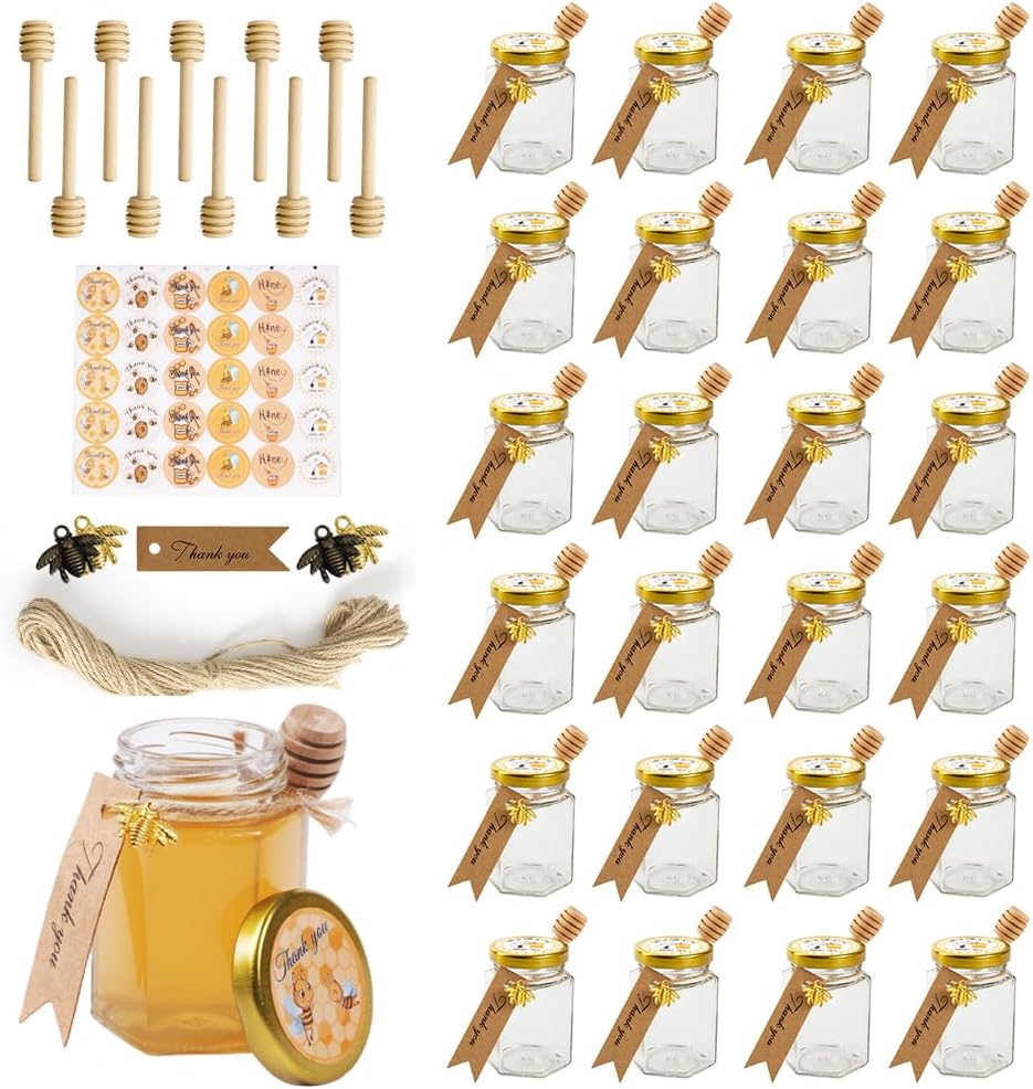 24 Pack 4oz Glass Hexagon Honey Jars Golden Lids - Extra Wooden Honey Dipper Sticks, Bee Charms, Tag String, Thank You Gift Tags, Stickers (Golden 24 Stickers)