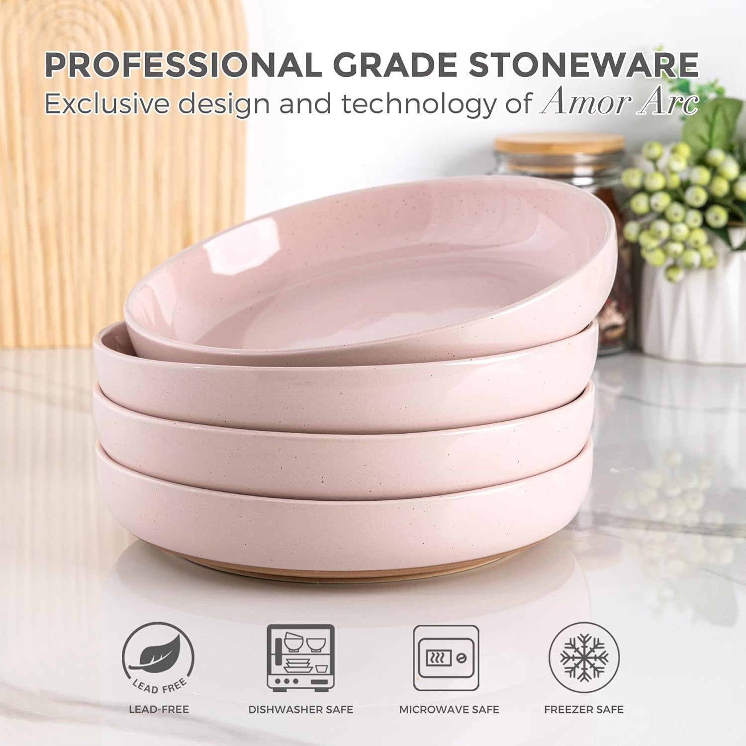 AmorArc 8.75'' Large Ceramic Pasta Bowls, 36oz Handpainted Stoneware Bowls Set of 4, Microwave&Dishwasher Safe Bowls with Rustic Terracotta Underside for Pasta Salad, Cloud Pink