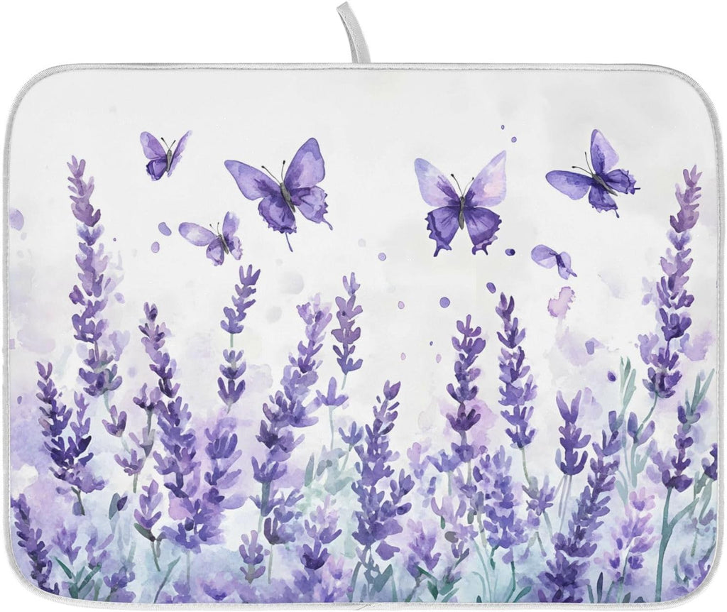 Purple Lavender Spring Summer Flower Floral Dish Drying Mat for Kitchen Counter Absorbent Microfiber Large Drying Pad Dish mats for Kitchen Countertops 18 x 24 Inch