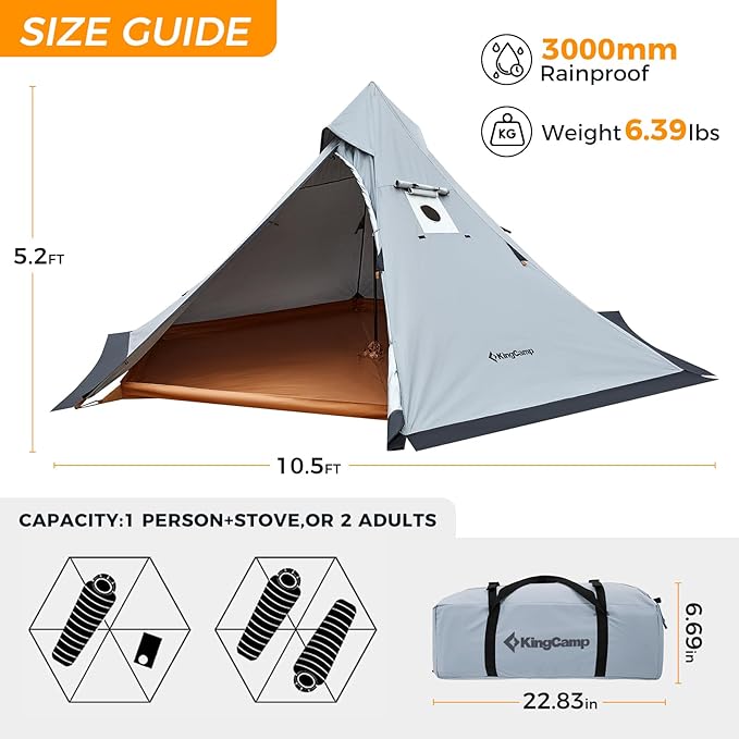 KingCamp Hot Tent, Lightweight Waterproof & Windproof Tipi Hot Tents with Stove Jack for Outdoor Camping