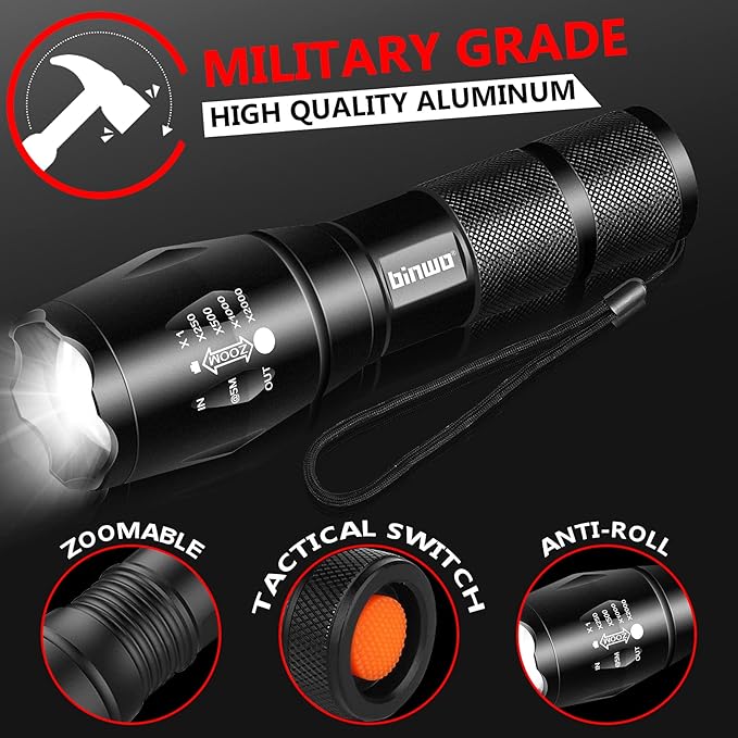 BINWO 2pack Small Zoomable Water-Resistant Tactical LED Flashlights 3000 Lumens -with 5 Modes for Camping/Biking/Hiking/Outdoor/Home/Emergency