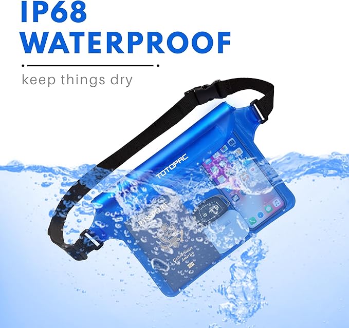 2-Pack Waterproof Fanny Pack, Phone Pouch with Waist Strap, 9x6.7 Inch Dry Bag for Phone, Cash, and Valuables – for Swimming, Kayaking, Boating, Snorkeling, and Water Sports (2, Grey + Blue)