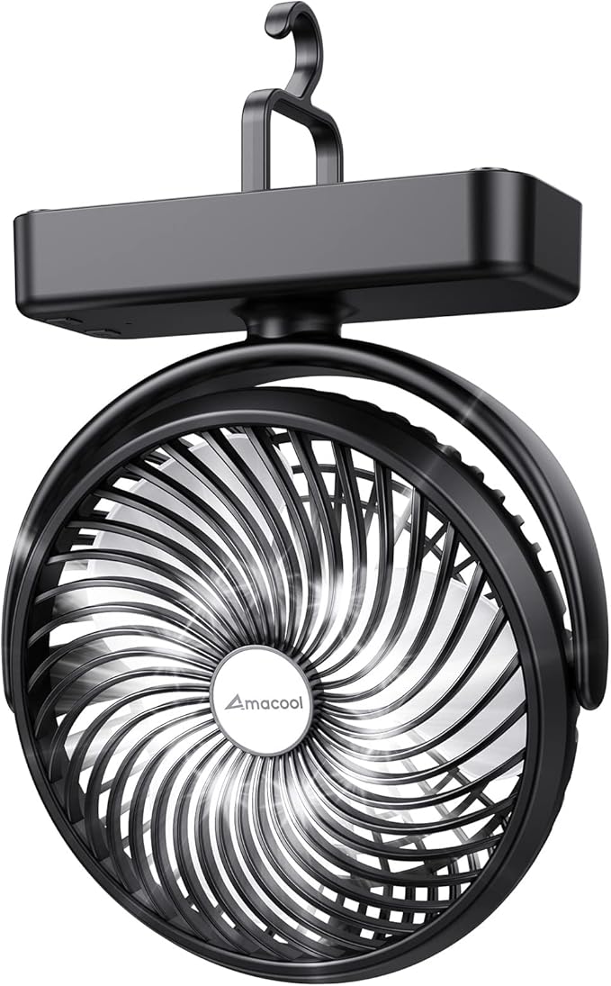 10000mAh Battery Operated Camping Fan with LED Light-7 inch USB Fan with Hanging Hook for Tent Car RV Hurricane Emergency Outage