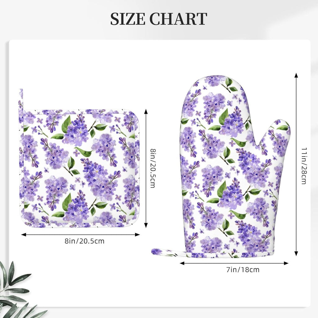 Lavender Oven Mitts and Pot Holders 4 pcs Set Silicone Lilac Flower Kitchen Oven Mitt Gloves Lavenders Pot Holders Non-Slip Heat Resistant Cooking Mitts Set for Kitchen Baking Grilling