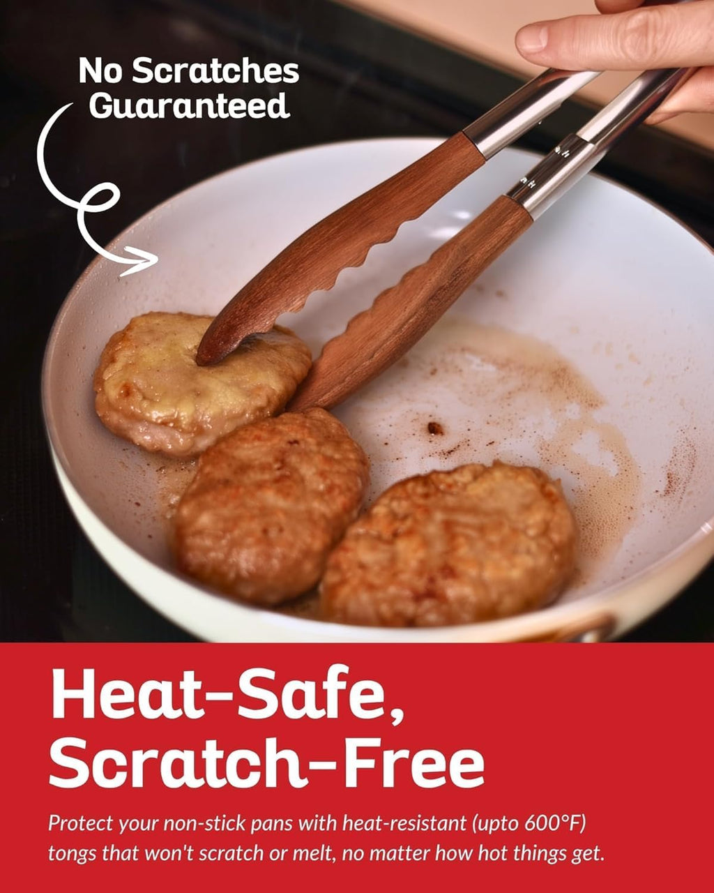 Boxiki Kitchen 9 Inch Tongs for Cooking with Wooden Tips - Nonstick Kitchen Tongs for Serving Food, Grilling, Cooking, BBQ and Tossing Salad - Made of Natural Walnut Wood