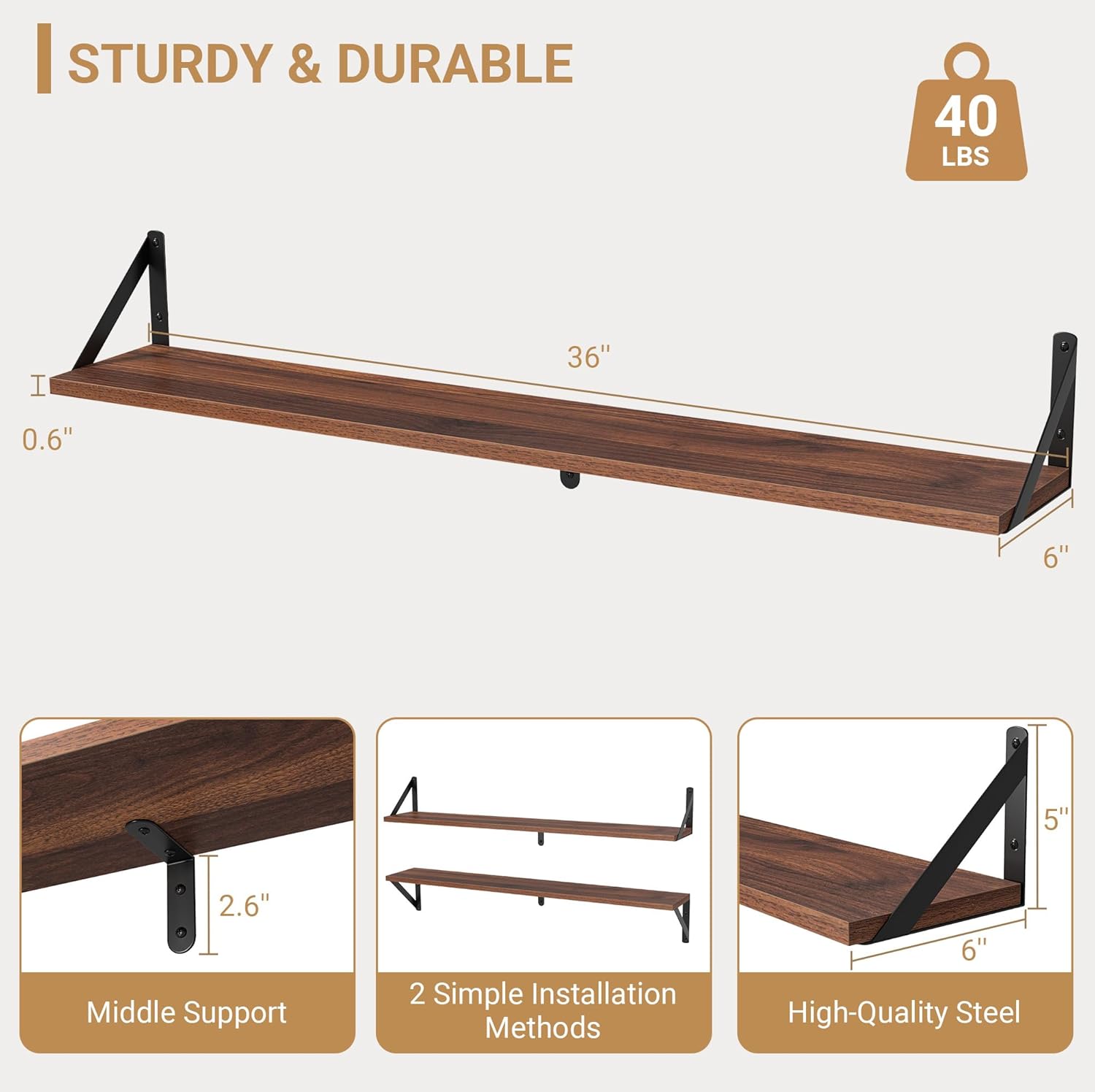 Heimlove Floating Shelves for Wall, 36 Inch Long Wood Floating Bookshelf Set of 3, Wall Mounted Hanging Shelf for Bathroom Bedroom Kitchen, Walnut