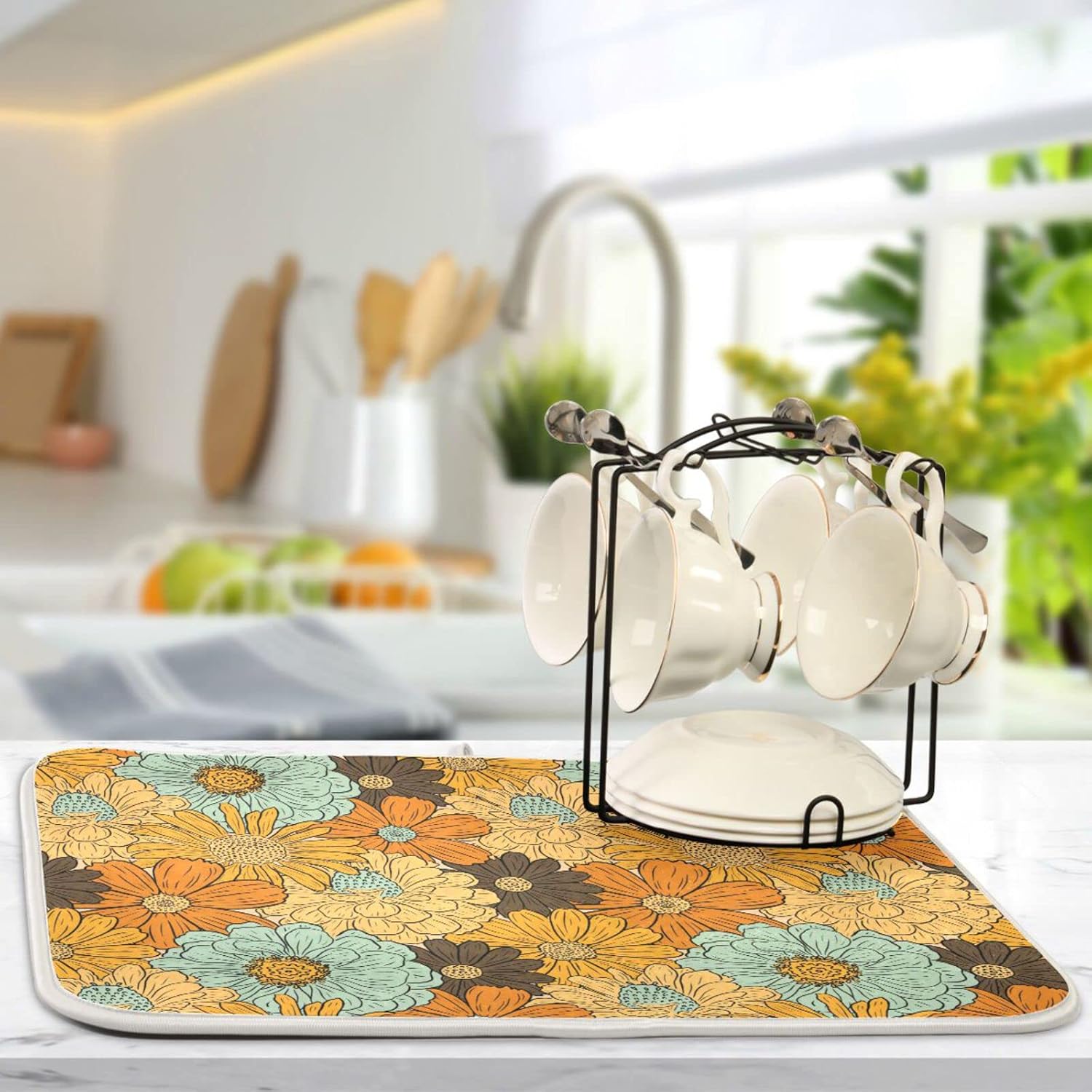 senya Super Absorbent Dish Drying Mat, Microfiber Fast-Drying 16'' x 18'', Kitchen Pad, Retro Flower Daisy