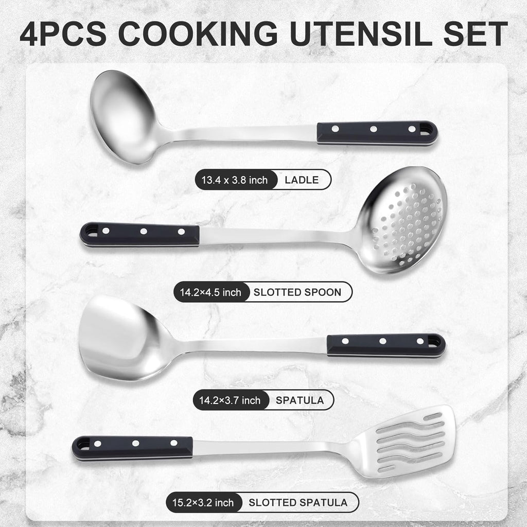 Pleafind 4-Pcs Cooking Utensils Set, Stainless Steel Kitchen Utensils, Mirror Polished Kitchen Essentials Set Include Wok Ladle, Slotted Spoon, Wok Spatula ＆Slotted Spatula, Dishwasher Safe
