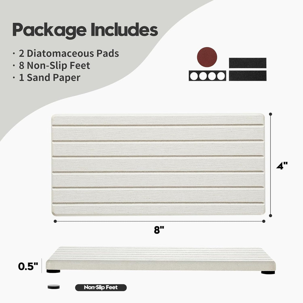 2 Pack Greige Bathroom Sink Vanity Trays, Diatomite Stone Kitchen Counter Caddy Dish Soap Dispenser Sponge Holder, Water Absorbing Mat Organizer for Plant,Cosmetic Bottle, Beige, 8"x3.8"