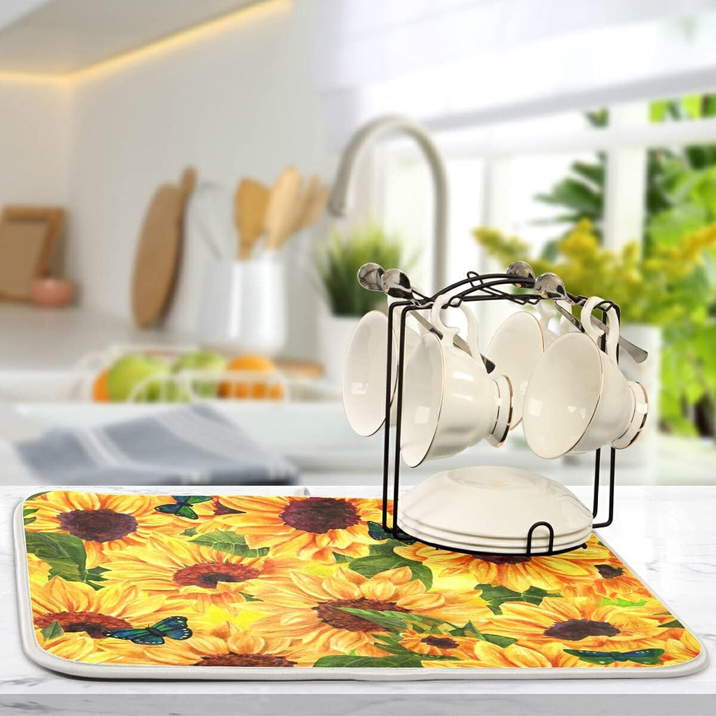 Super Absorbent Dish Drying Mat, Microfiber Fast-Drying Dish Mat, 24" x 18", Kitchen Dish Drying Pad, Sunflowers And Green Blue Butterflies