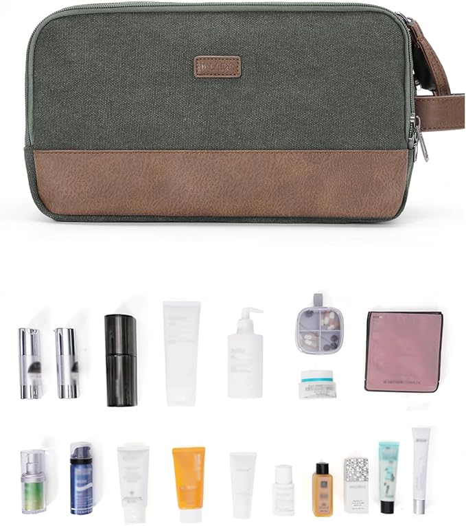 WANDF Toiletry Bag for Men Travel Toiletry Organizer Canvas and Leather Dopp Kit Water-Resistant Shaving Bag for Travel Accessories (Green, Patent Pending)